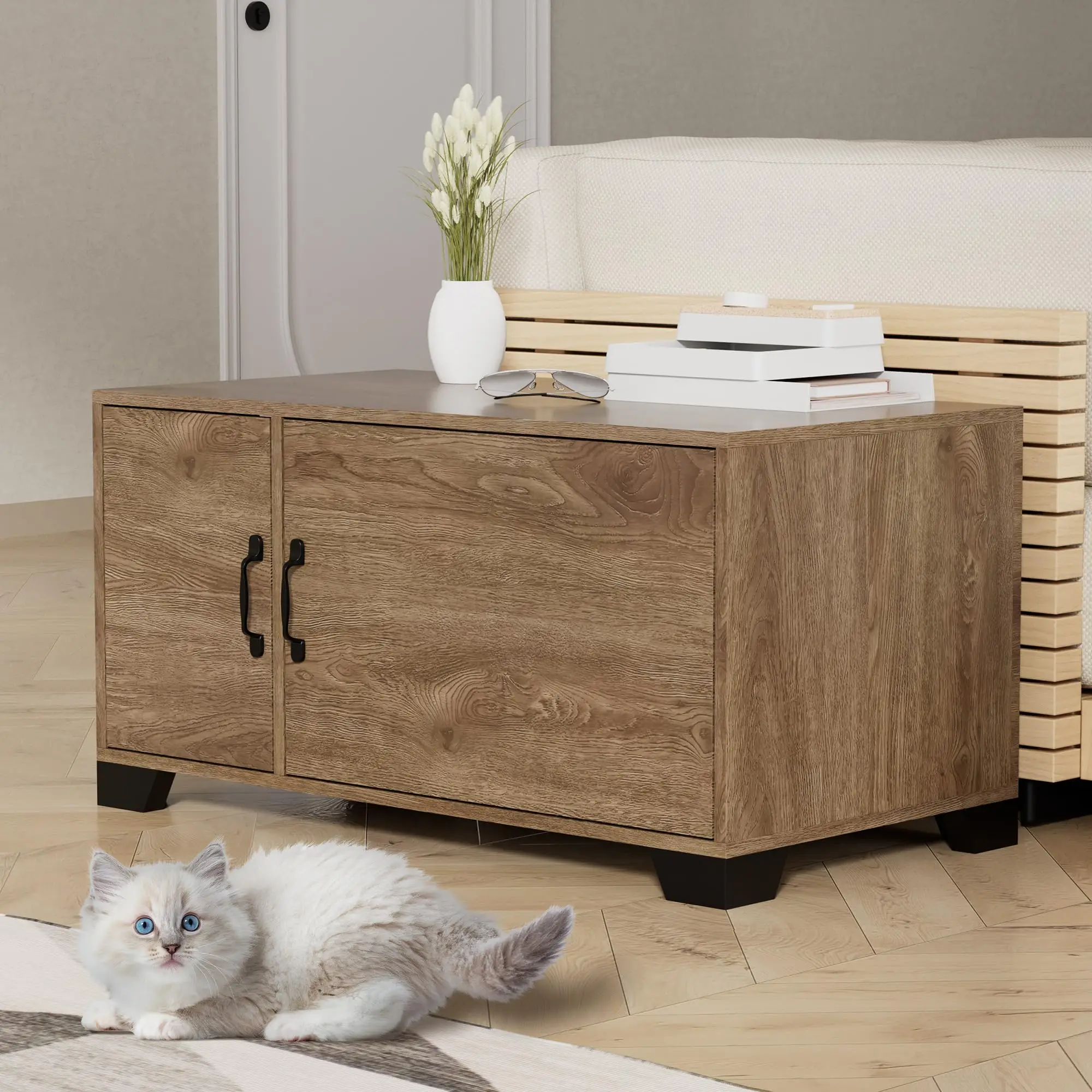 Cat Litter Cabinet Furniture with Doors，Cat Storage Bint，Playhouse for Indoor Cats，Little Side Table for Living Room,Bedroom