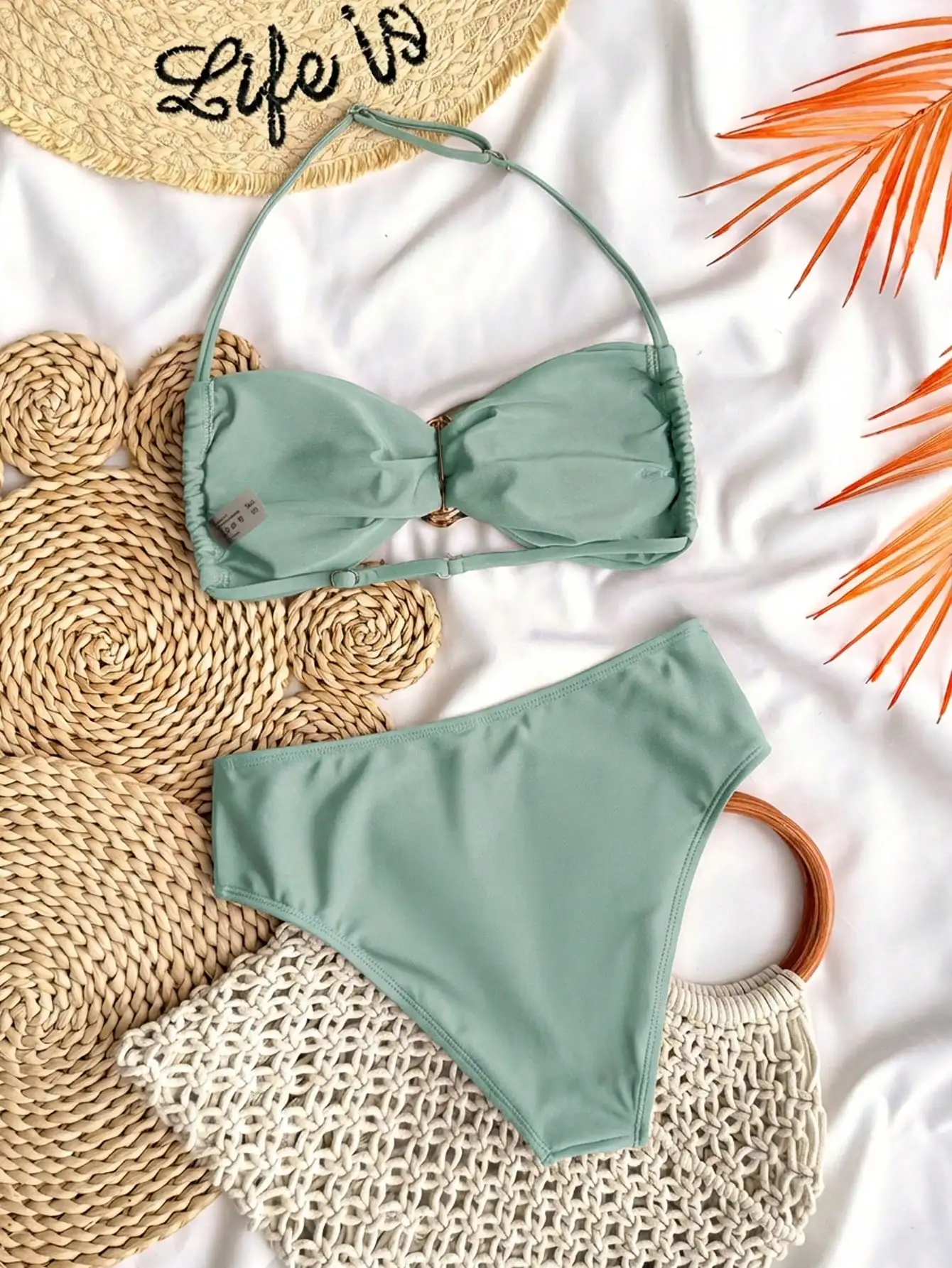 

Мятно-зеленый однотонный комплект бикини без бретелек с металлической пряжкой-кольцом для женщин, пляжная одежда для плавания