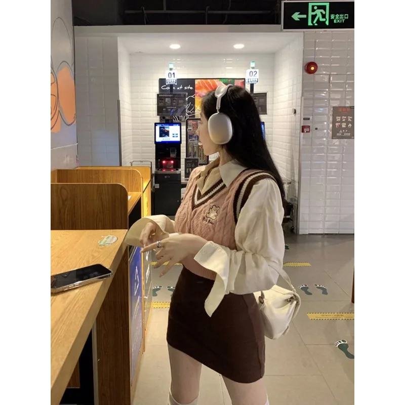 2024 Autumn Sweet Pink V Neck Sweater Vest White Long Sleeved Shirt Brown Skirt JK Suit Women Y2K Aesthetics School Uniform