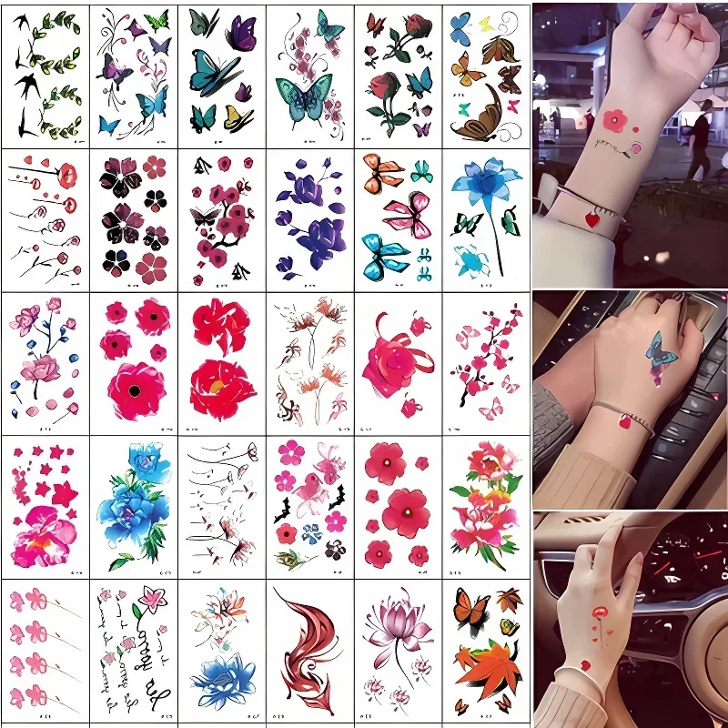 60pcs/pack Party Decor Flower Butterfly Tattoo Sticker Swallow Fox 3D Fallen Leaves for Women Girls Decor Clavicle Belly Summer