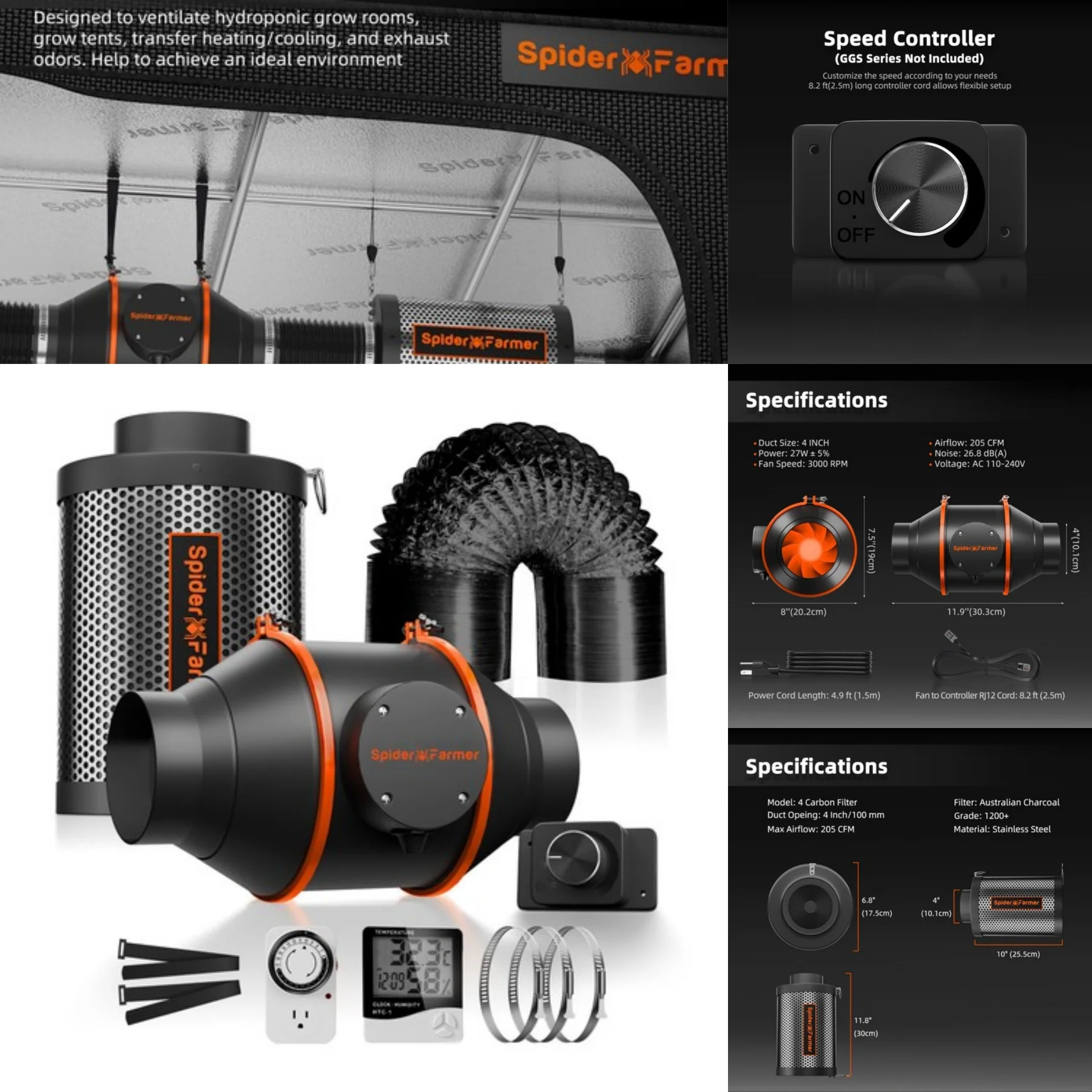 Spider Farmer 70x70x160cm GrowBox مجموعة كاملة مع SF1000 Samsung301HEVO شاشة LED كاملة الطيف 6 "مشبك تهوية 4" تنمو التهوية