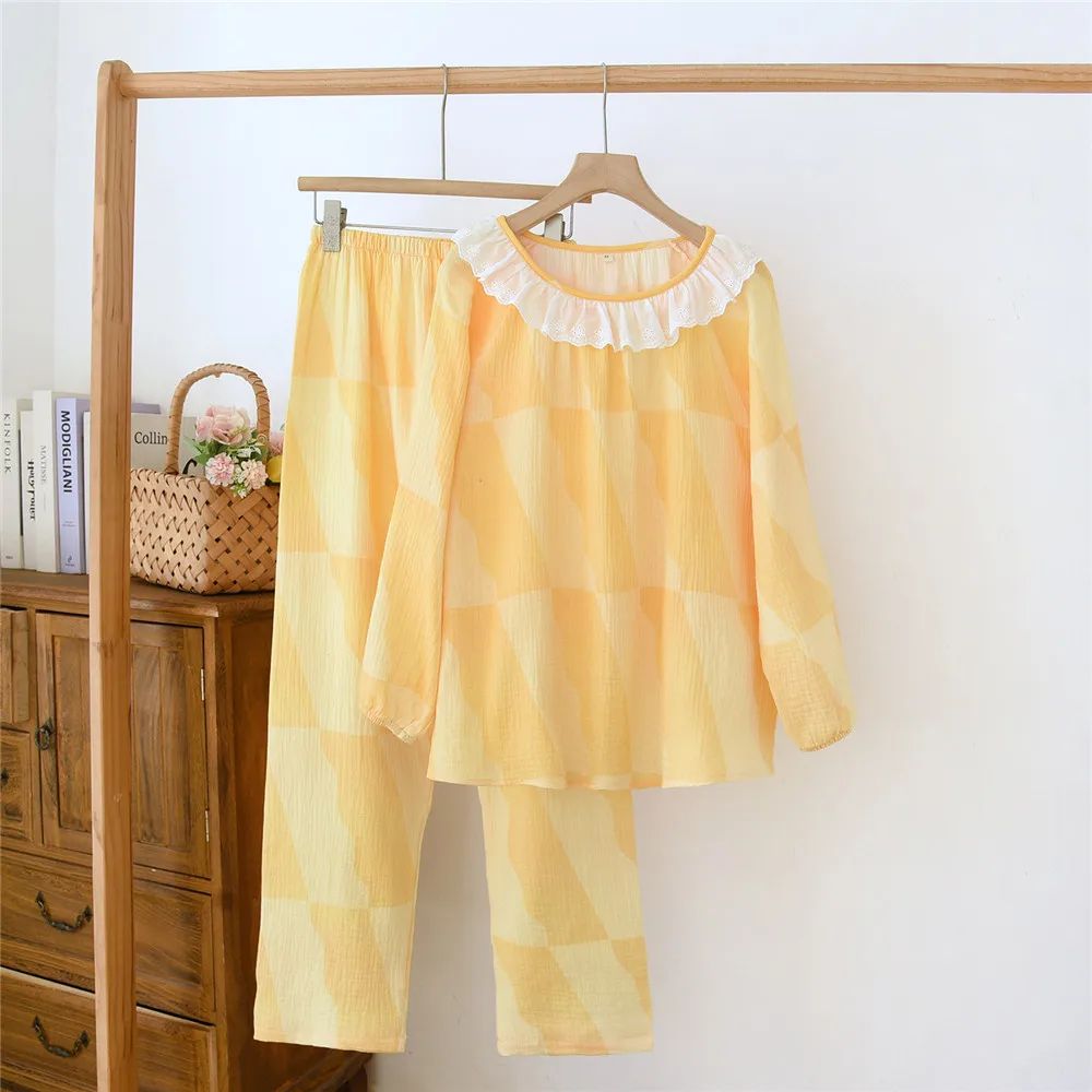 

Summer Cotton Loose Print O-Neck Long Sleeved Pullover Pants Pajama Set for Women Sleepwear