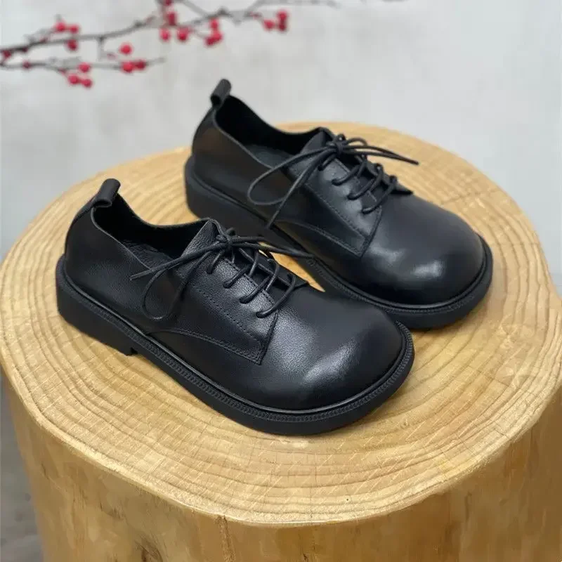 Spring New British Style Retro Wide Toe Leather Shoes Genuine Leather Singl Round Toe Lace Up Cowhide Women\'s Shoes