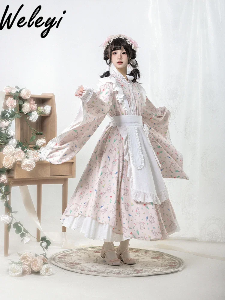 Lolita Sweet Op Dress Set 2024 Fall New Original Japanese Maid Floral Print Long Sleeve Dresses with Apron and Removable Big Bow