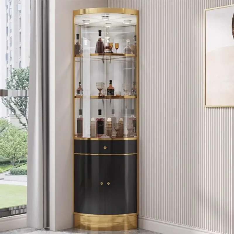 Modern gold stainless steel wine rack display cabinet with glass opening living room dining room furniture