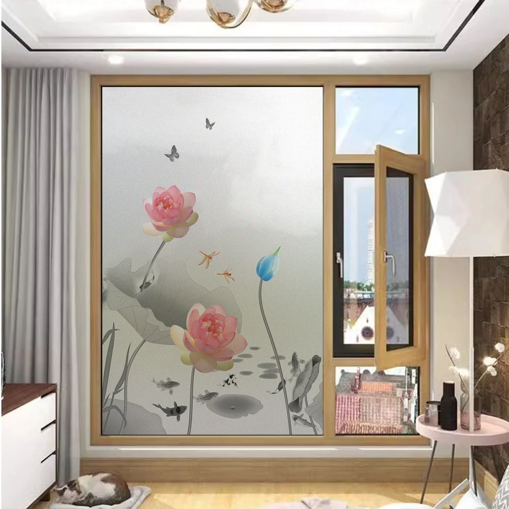 

Privacy Window Film UV Blocking Heat Control Window Coverings Lotus Static Cling Decorative Glass Sticker