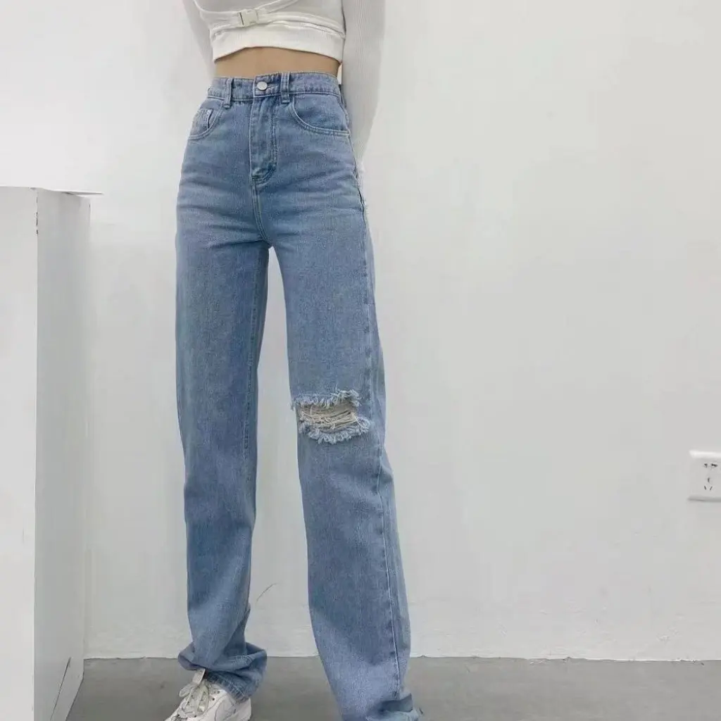 

YPFF Women's High Waist Slimming Denim Straight Pants Single Knee Hole Casual Fashion Autumn Winter European American Style