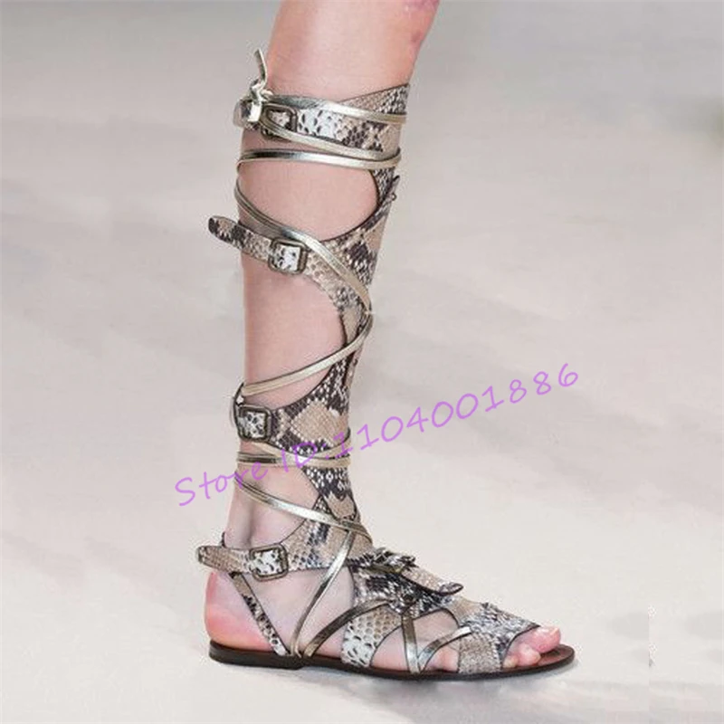 Sexy Open Toe Snake Pattern Women's Sandals Fashion Hollow Cross Strap Belt Buckle Flats Summer New Fashion Female Runway Shoes