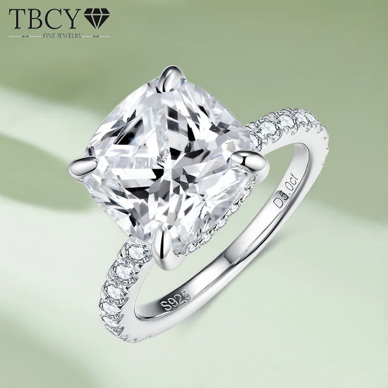 

TBCYD 10MM 5CT Cushion Cut D Color Moissanite Ring For Women S925 Silver 18K White Gold Plated Lab Diamond Wedding Ring Jewelry