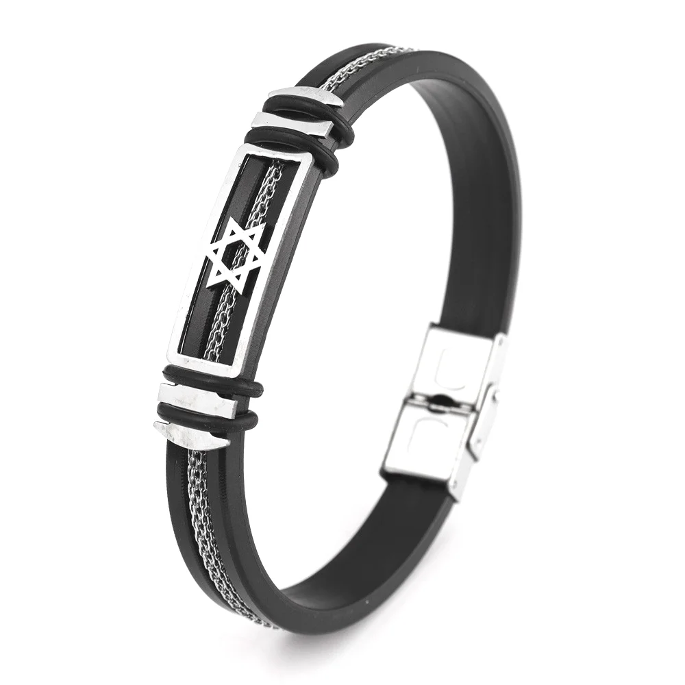 Trendy Stainless Steel Hexagram Leather Bracelet Charm Men's Bracelet Hip Hop Punk Accessories Jewelry Gift Wholesale