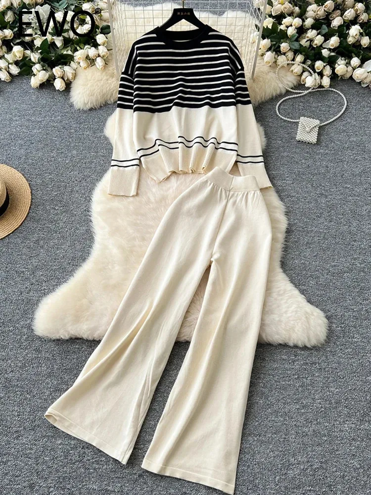 EWQ Women's Slim Round Neck Contrasting Color Striped Knitted Top Long Pants 2-piece Set Y2k Korean Fashion Autumn 2024 SM11647