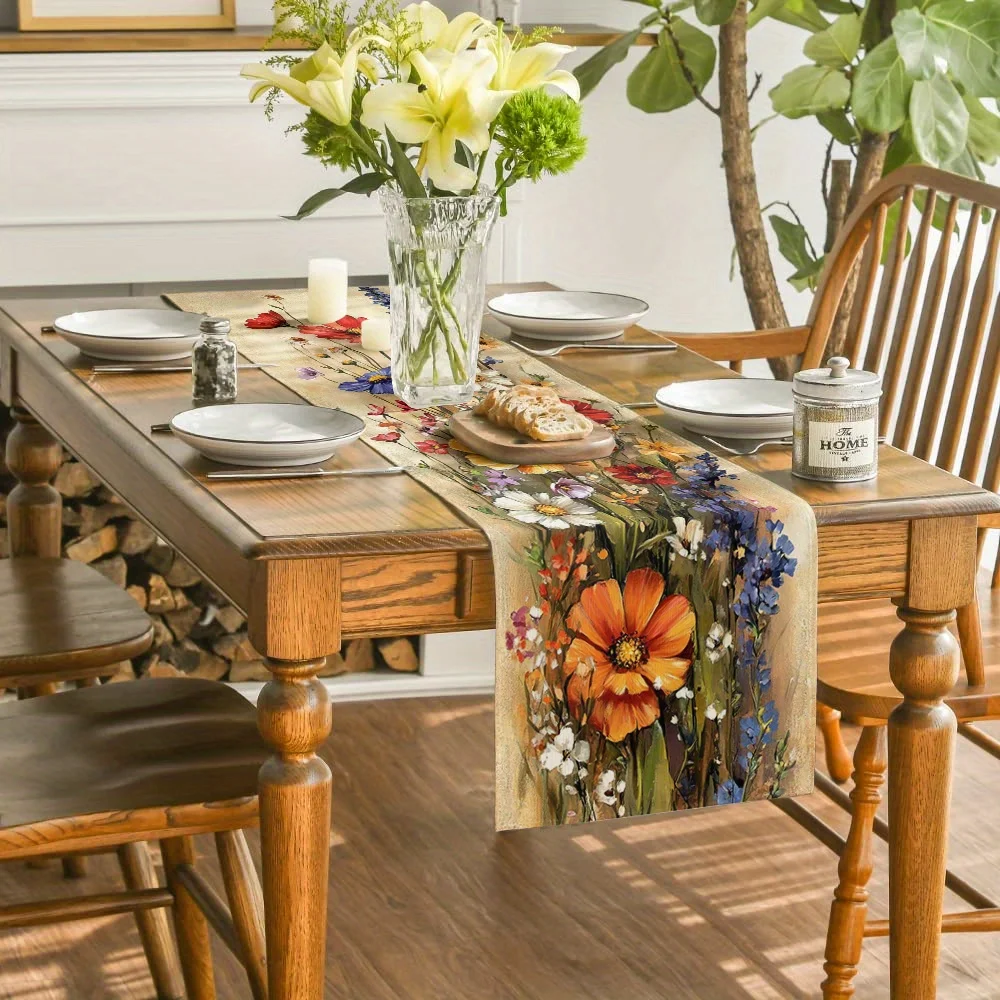 Frischer, farbenfroher Blumen-Tischläufer – Lebendige Frühlings- und Sommer-Botanik-Dekoration für Wohnzimmer, Couchtisch und Esszimmer