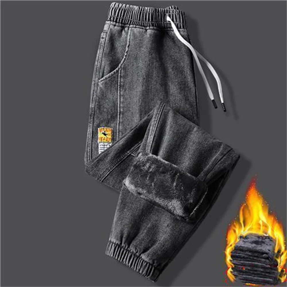 Denim jeans grosso e quente masculino, corredores pretos, calças harém, jeans de lã, roupas de streetwear, inverno