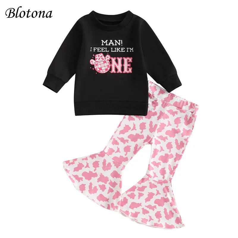 

Blotona Baby Girls Birthday Pants Set Letter Print Long Sleeve Sweatshirt Tops Cow Print Long Flare Pants Fall Outfits