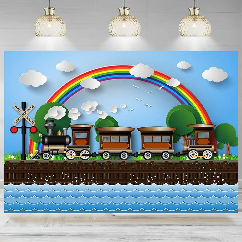 Cartoon Train Backdrop Photography Railroad Steam Train Blue Sky Rainbow Flower Ocean Background Birthday Party Decor Banner