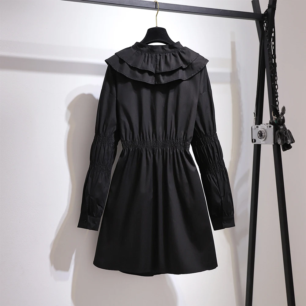 Spring and autumn new plus-size women's black casual loose long-sleeved dress doll collar cute age-reducing mid-length dress big