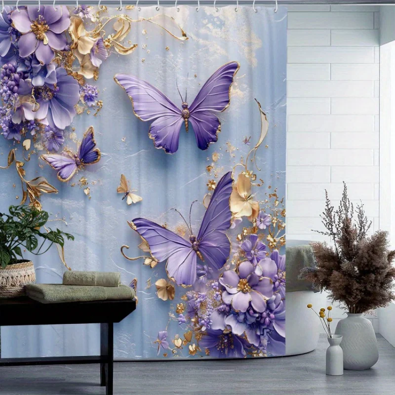 Luxurious Floral Butterfly Shower Curtain Bathroom Liner Polyester Waterproof Spa Decor Purple Blue Bloom Print Home Decor Gift