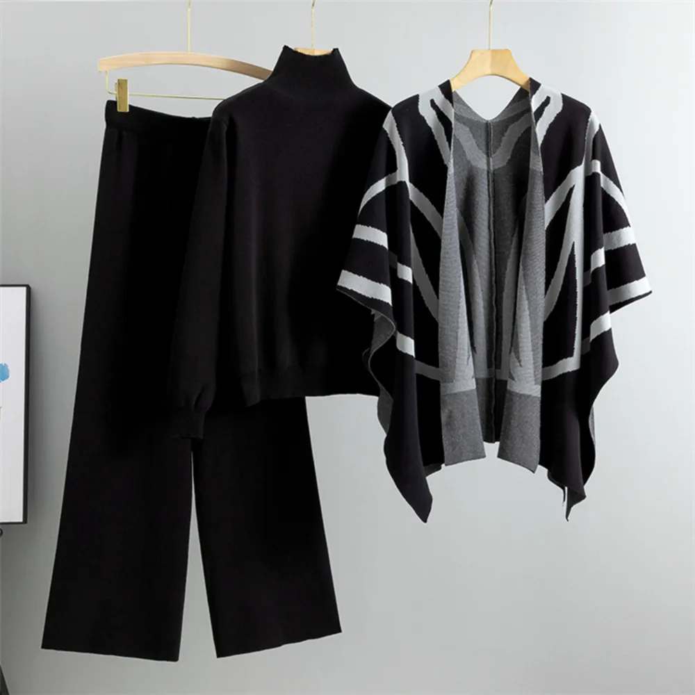 New Knitted 3 Pieces Set Women Stripe Shawl + Half High Neck Full Sleeve Pullover Top + Wide Leg Trousers Fashion Style Suits