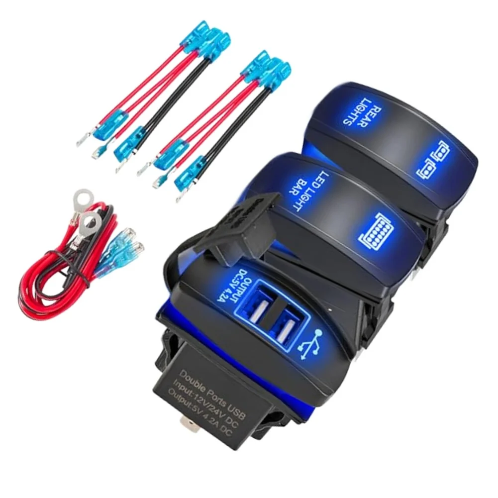 LED Rocker Switch Combo Set 3PCS with Dual USB For Charger Ports 4.2A Output for Automotive Marine Applications