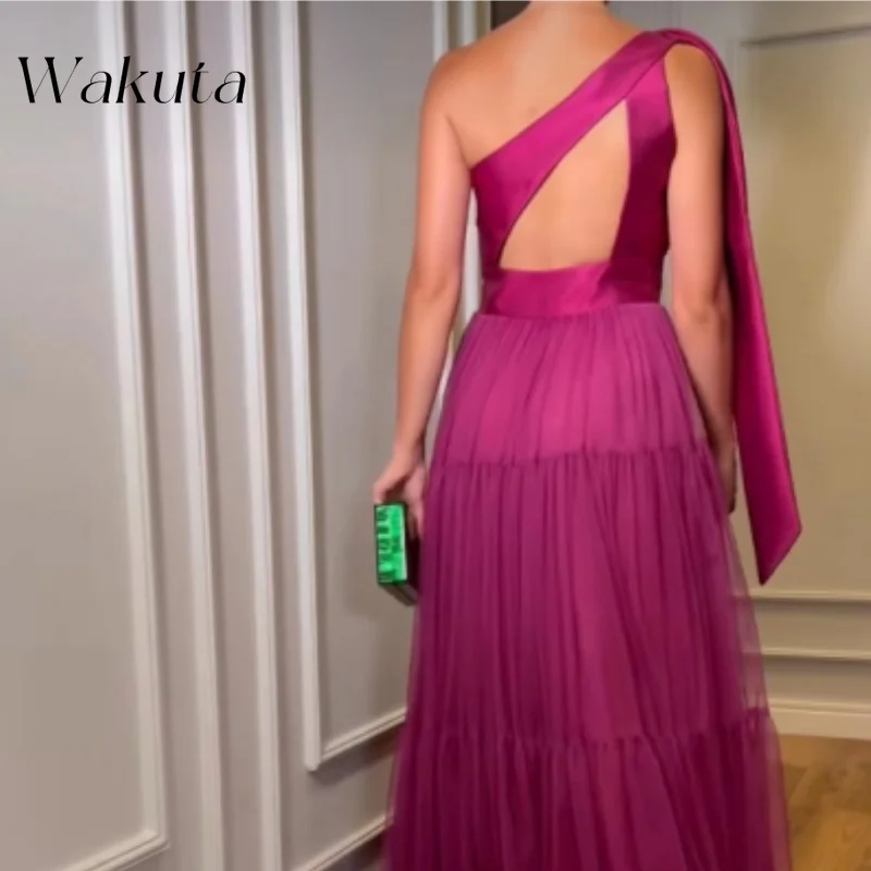 Wakuta French Sloping Collar Single Shoulder Solid A-line Robe Elegant Waist Cinched Shawl Backless Party Dresses Women Evening