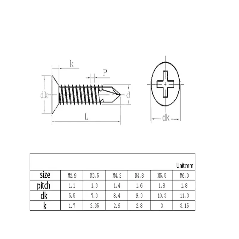 304 Stainless Steel Carbon Steel Phillips Flat Head Self-drilling Screw M2.9 M3.5 M4.2 M4.8 M5.5 Self-tapping Dovetail Screw