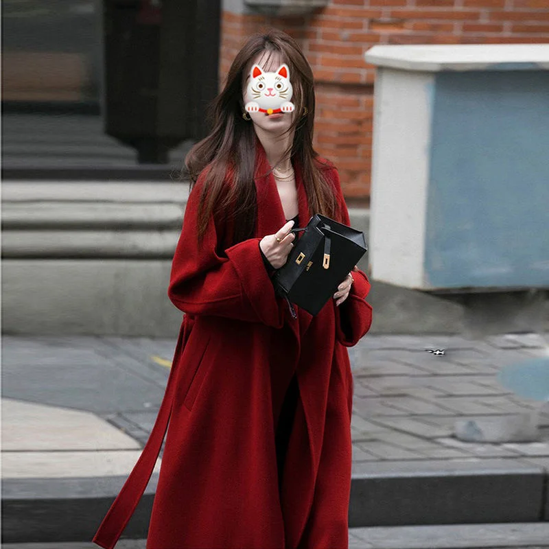 Double Sided Woolen Coat For Women In Autumn And Winter Mid To Long Over The Knee French Lazy Style Red Small Woolen Coat