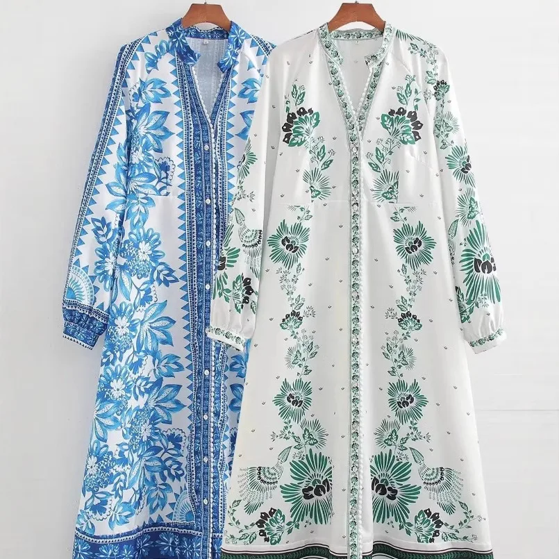 Robe Maxi imprimée Vintage, mode élégante, grand ourlet, Design ample, col en v, manches longues, chemise, Robes de rue pour femmes
