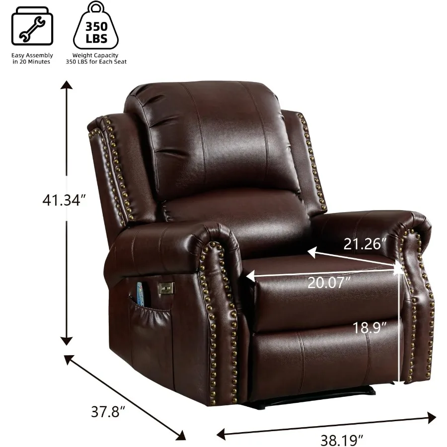 Power Recliner Chair for Living Room Use, Faux Leather, Red Brown, with Massage and Heat, Overstuffed Backrest and Side Pocket
