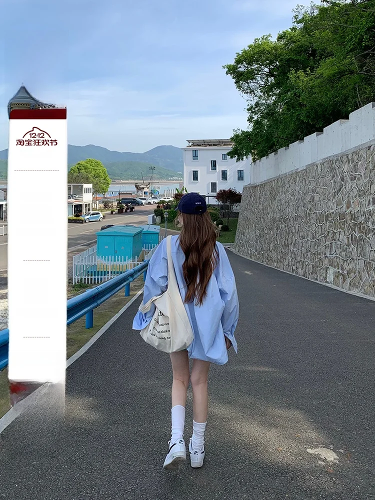 

Синий повседневный женский топ Long Sve irt lann средней длины в Корейском стиле, весенний модный дышащий удобный топ из чистого хлопка