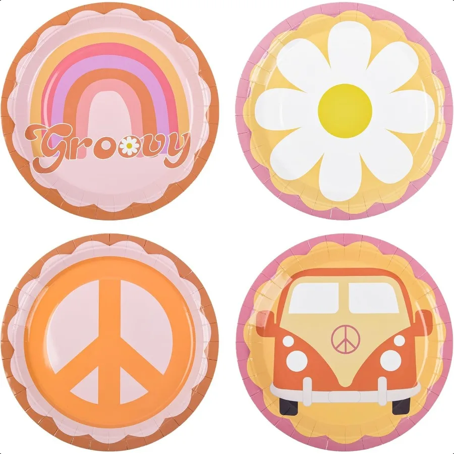 

48 Pcs Groovy Party Plates Retro Hippie Boho Paper Plates 60s 70s Party Decorations 7" Daisy Flower Peace Round Disposable Plat