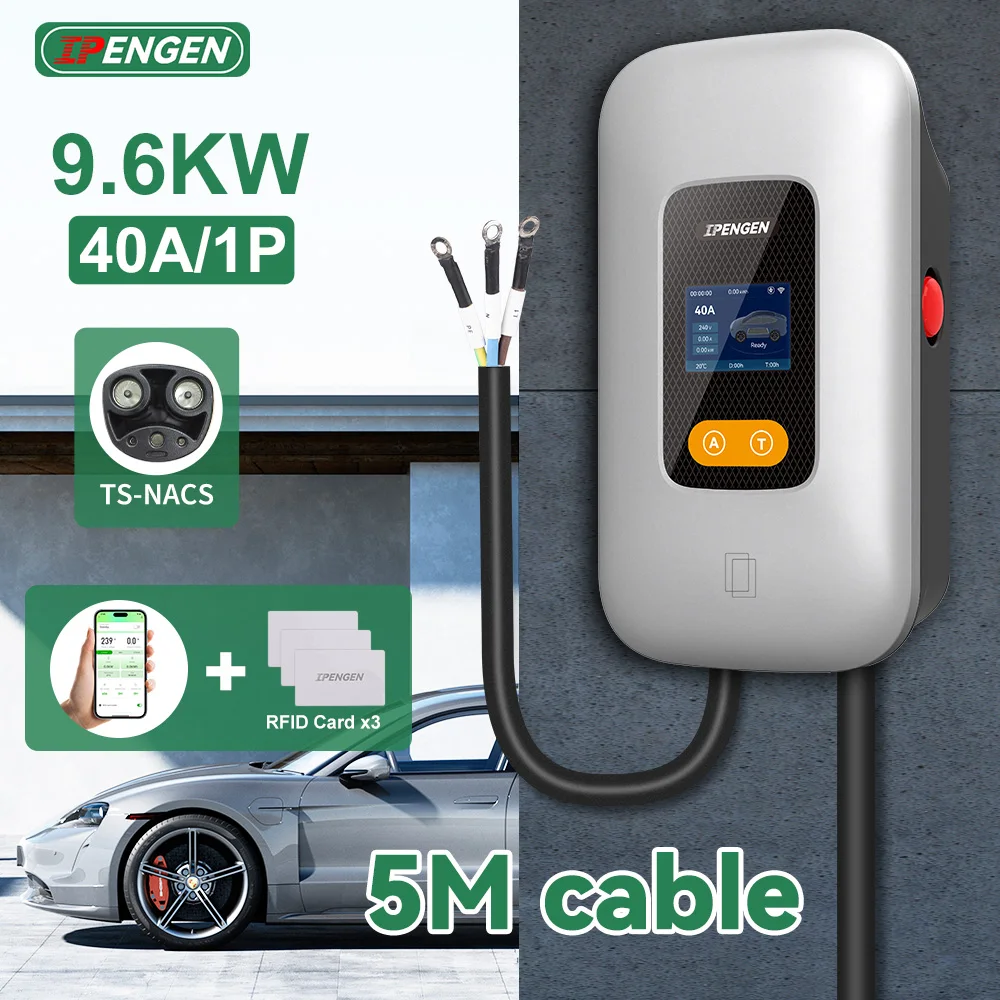 IPENGEN 9.6kw EV Charger Wallbox TS-NACS 40A Electric Vehicle Station with Swipe Card Wireless APP Control Adjustable Current