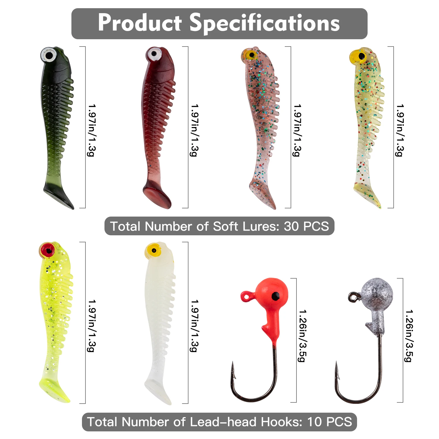 Goture Soft Lure Kit 40pcs Silicone Lure Set 5cm 0.7g Jig  Hook 3.2cm 3.5g Fishing Hooks with Fishing Tackle Box Soft Bait