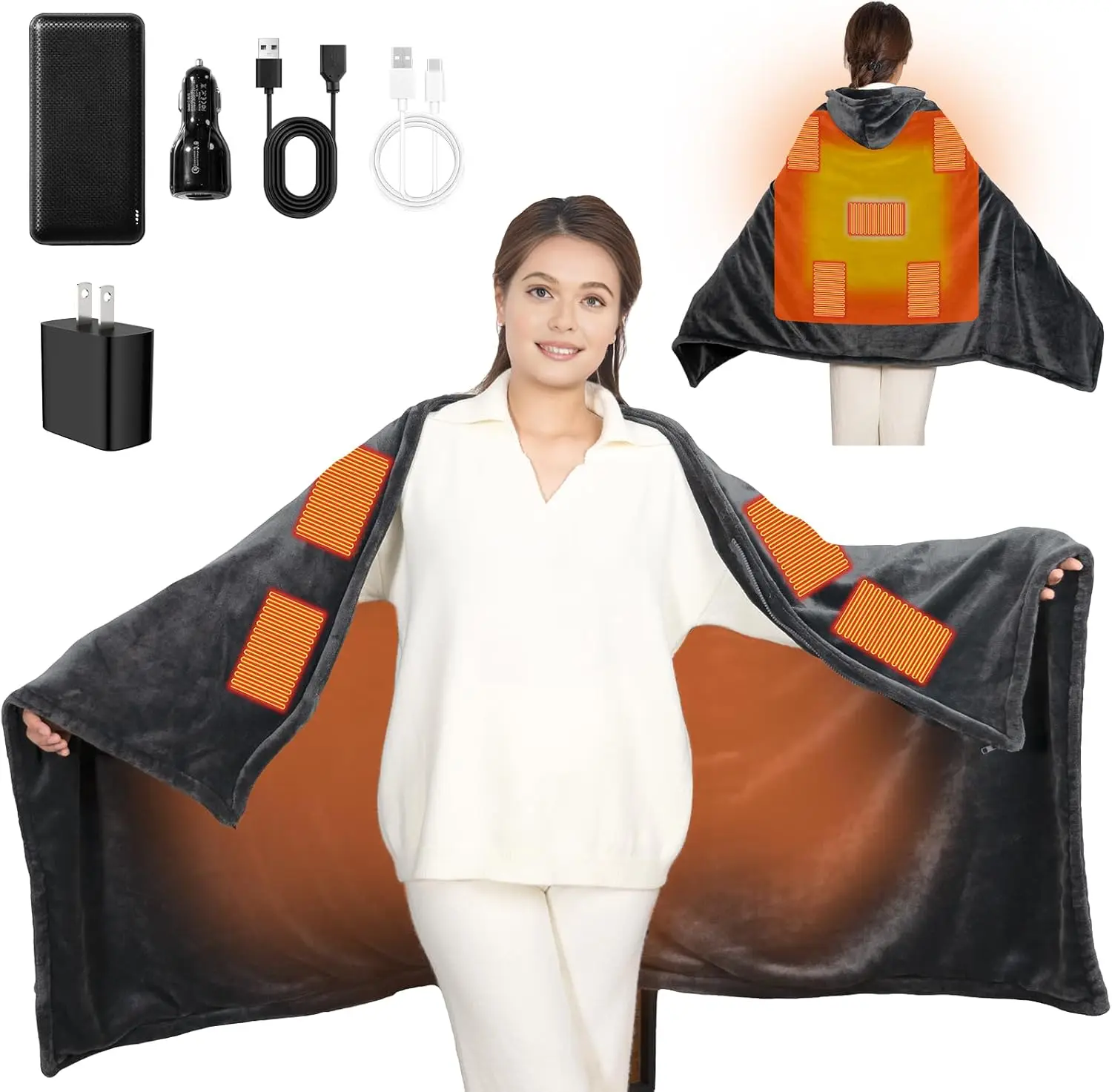 

USB-одеяло с подогревом на батарейках и капюшоном, 9 зон нагрева, внешний аккумулятор 20000 мАч, 3 уровня нагрева, портативное (65x35 дюймов)