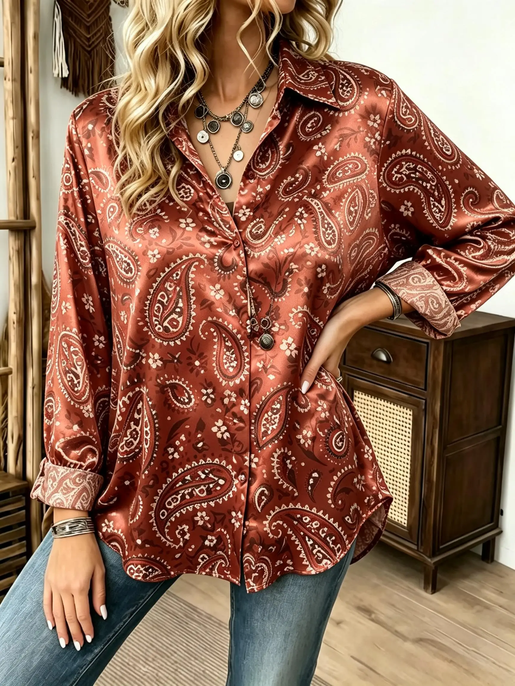 Women Paisley All‑Over Print Turn‑down Collar Long Sleeve Button Front Loose Fit Blouse Top