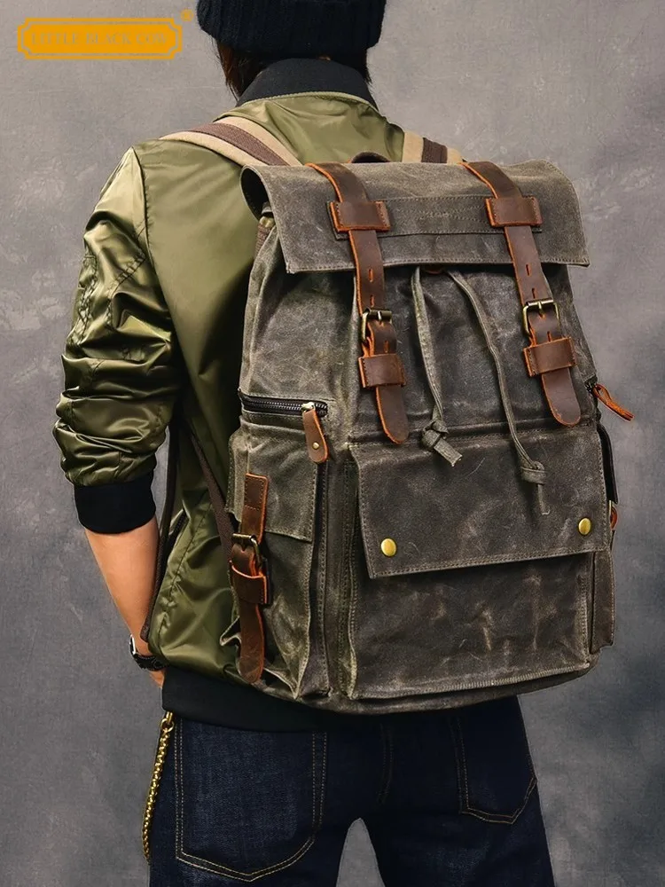 

Vintage Men Oil Wax Canvas Bag Large Capacity Outside Waterproof Travel Bag Casual Backpack Satchels Laptop Packing Shoulder Bag