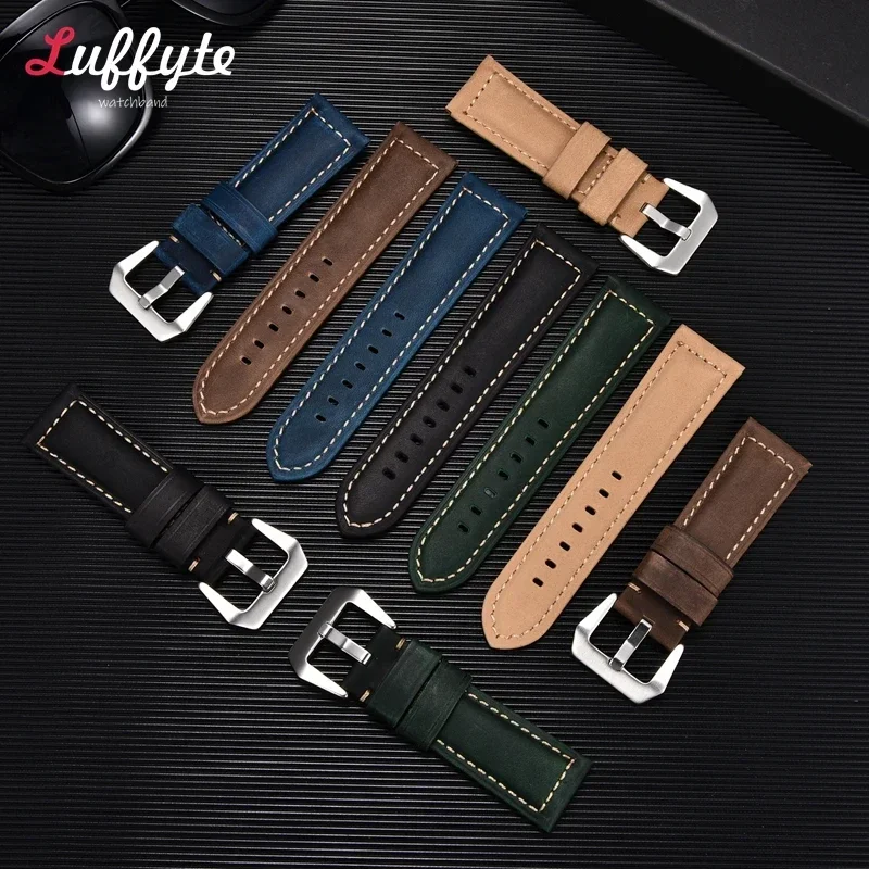 Genuine Leather Watch Band Crazy Horse Cowhide Men\'s Bracelets Leather Watch Strap 20mm 22mm 24mm 26mm Blue Brown Black Straps