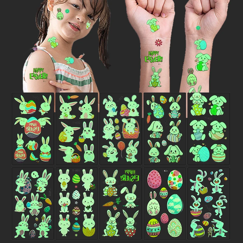 10sheet Luminous Easter Rabbit Tattoo Stickers Cartoon Bunny Egg Glow In The Dark Temporary Tattoo Happy Easter Party Decoration