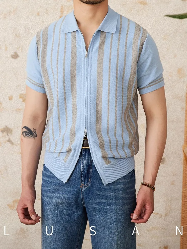 

Men's Retro Striped Cotton Knit Polo Cardigan - Lightweight Short Sleeve Lapel Zipper Casual Jacket