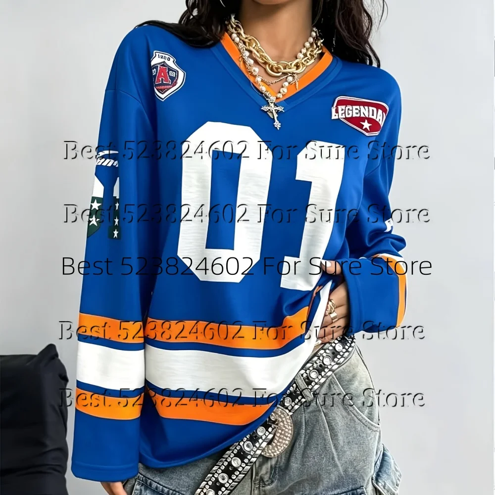 Vintage 01 Number Graphic Women Hockey Jersey Tops Color Block Striped Long Sleeve V Neck T-shirt Y2K Street Style Loose Tee
