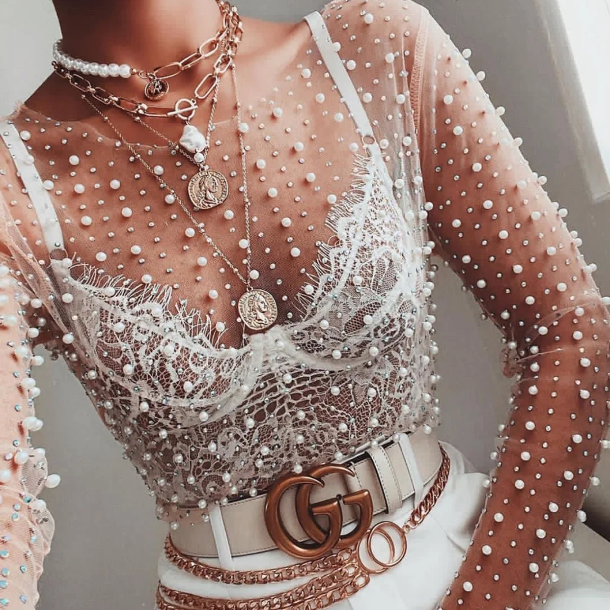 Fashion Sexy See Through T Shirt Women Mesh Patchwork Diamonds Pearl Slim T-Shirts Elegant Crop Tops Female Clothes