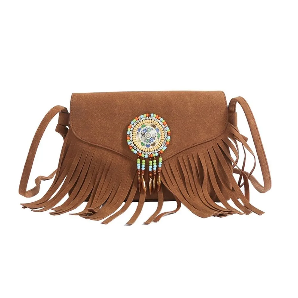 Корейская стильная сумка через плечо с кисточками, винтажная большая вместительная замшевая сумка через плечо из искусственной кожи, сумка в богемном стиле в этническом стиле для девочек