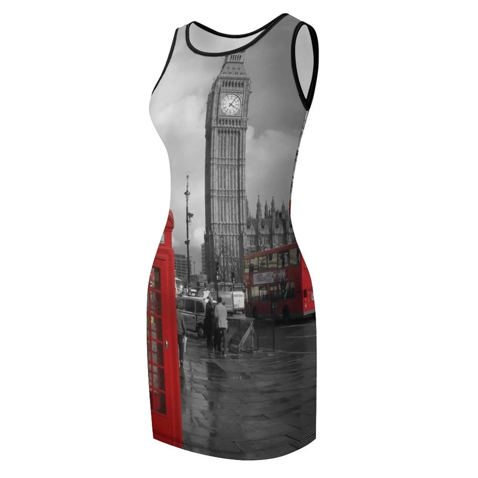 London England city black and white photo of Big Ben with red phone booth and red double decker bus Sleeveless Sundress