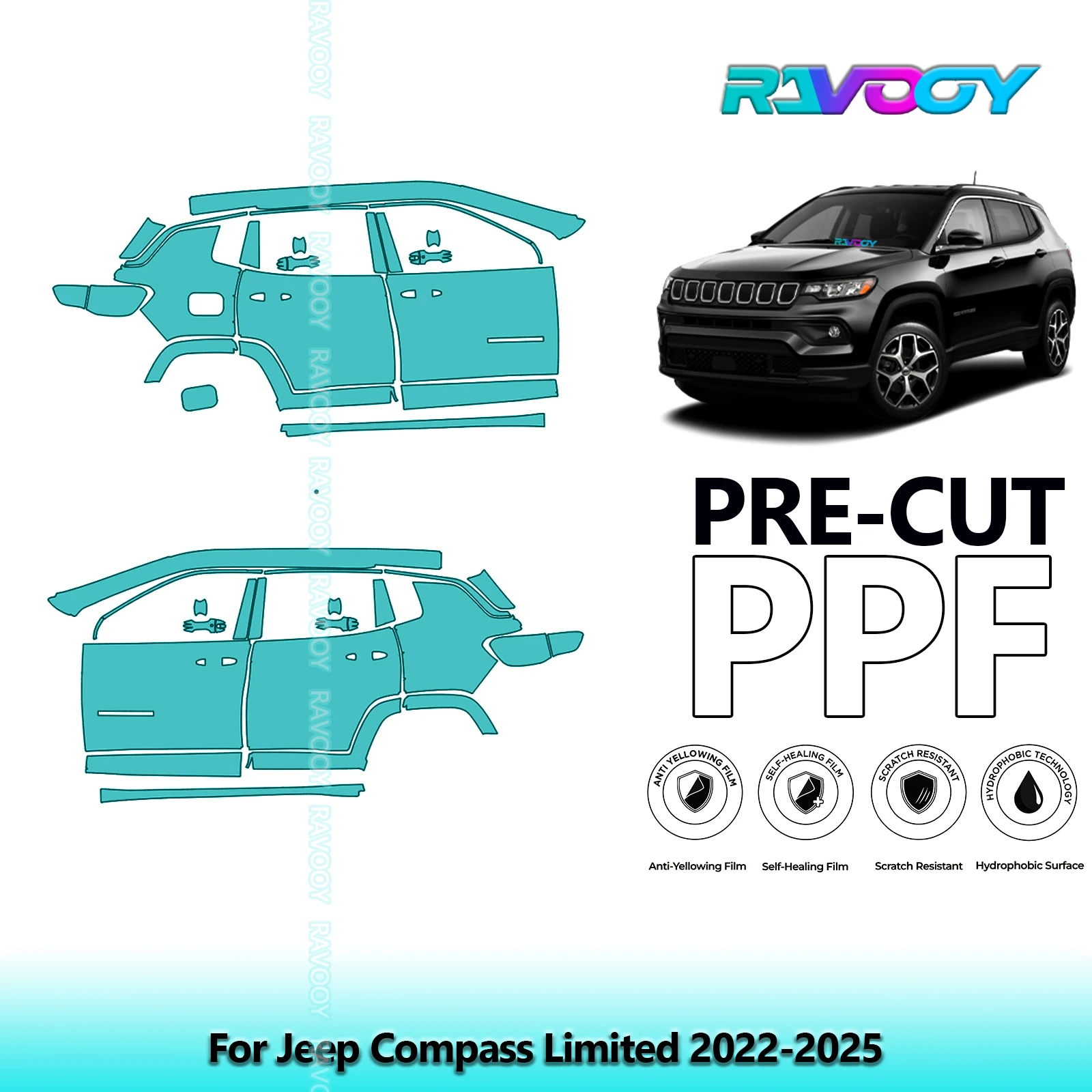 

For Jeep Compass Limited 2022-2025 8.5mil Clear Matte Pre-Cut PPF Door & A/B Pillar Kit TPU Paint Protection Film Set