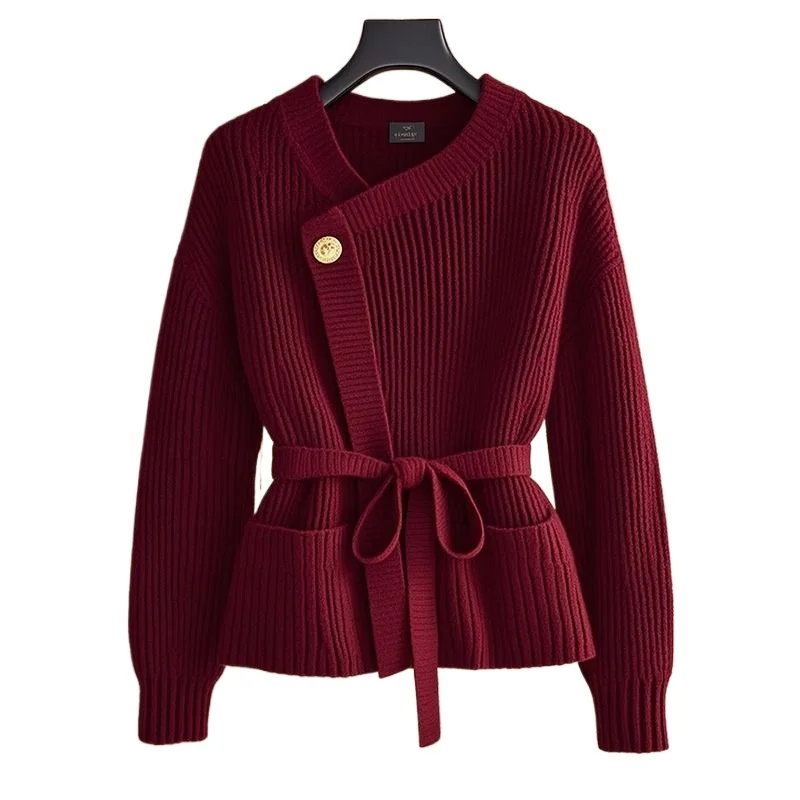 Luxury Red Knitted Sweater Women Autumn Winter Knitted Cardigan Coat High-end Tops Belt French Slim Jacket Design Chic Outerwear