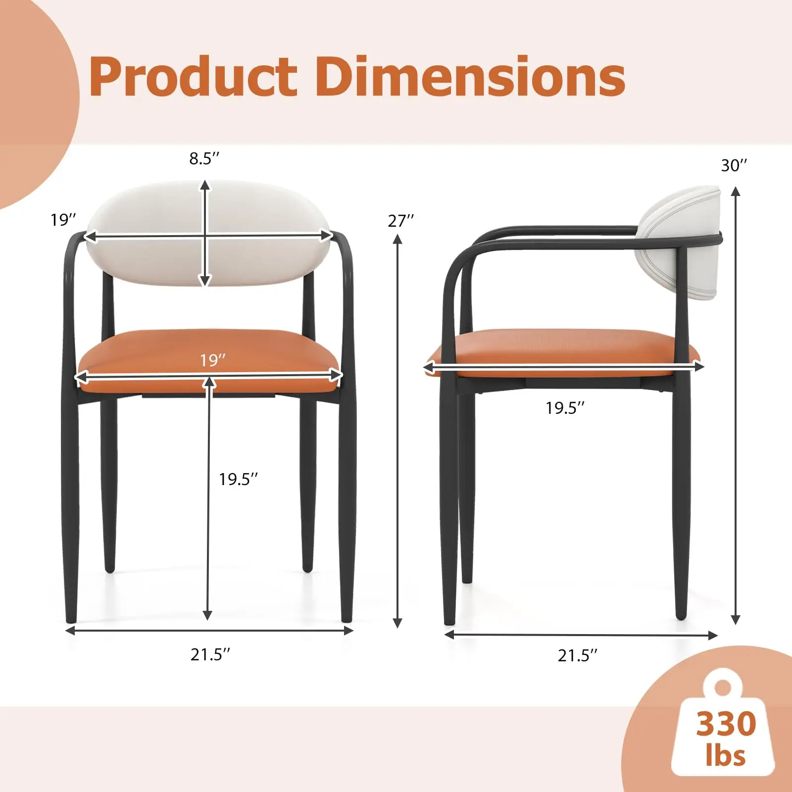Modern Dining Chairs Set of 2, Faux Leather Upholstered Kitchen Chairs with Orange Padded Seat, Curved Back, Metal