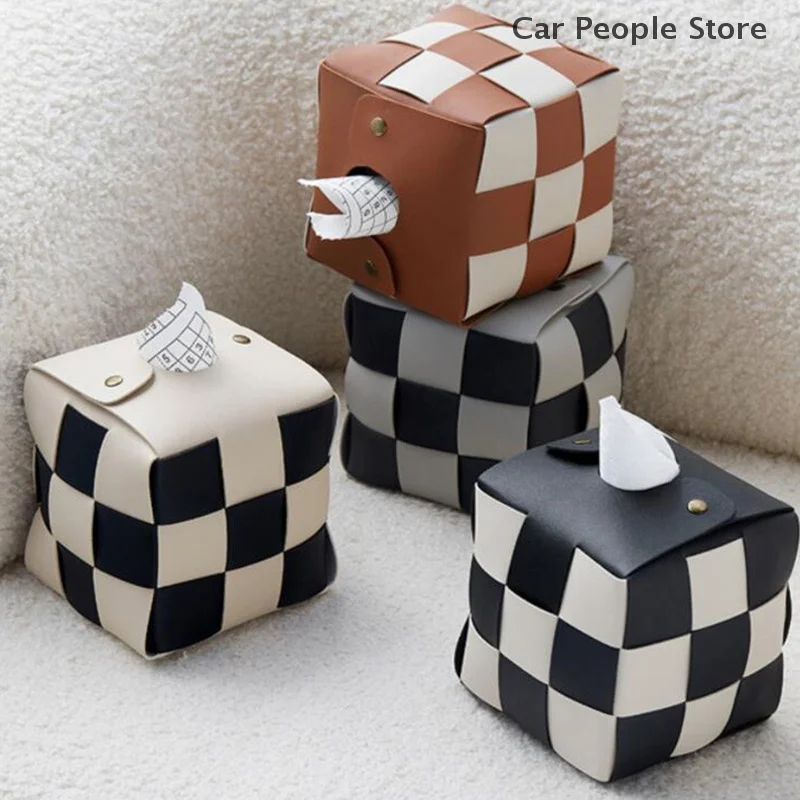 

1 шт., тканая кожаная квадратная коробка для салфеток, клетчатый держатель для салфеток, стильный дизайн, коробка для хранения для домашнего стола, офиса, автомобиля, украшение