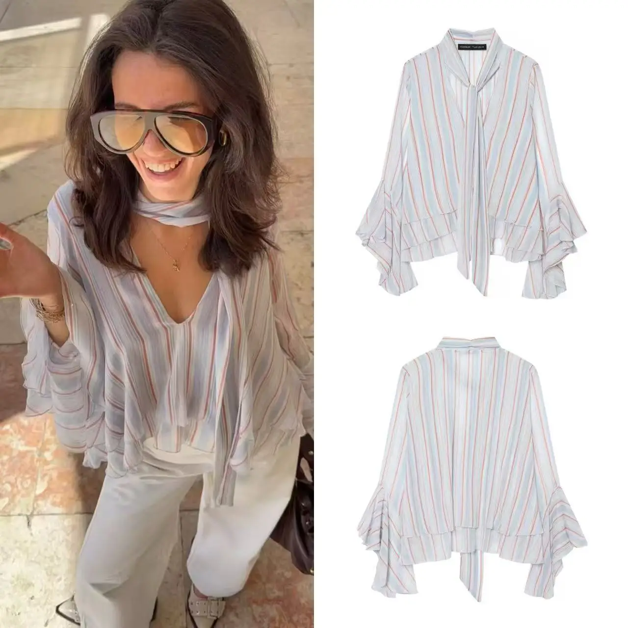 

2026 Spring and Summer New Women's Clothing Gentle and Elegant Loose Slightly Transparent Striped Ruffle Edge Streamer Top