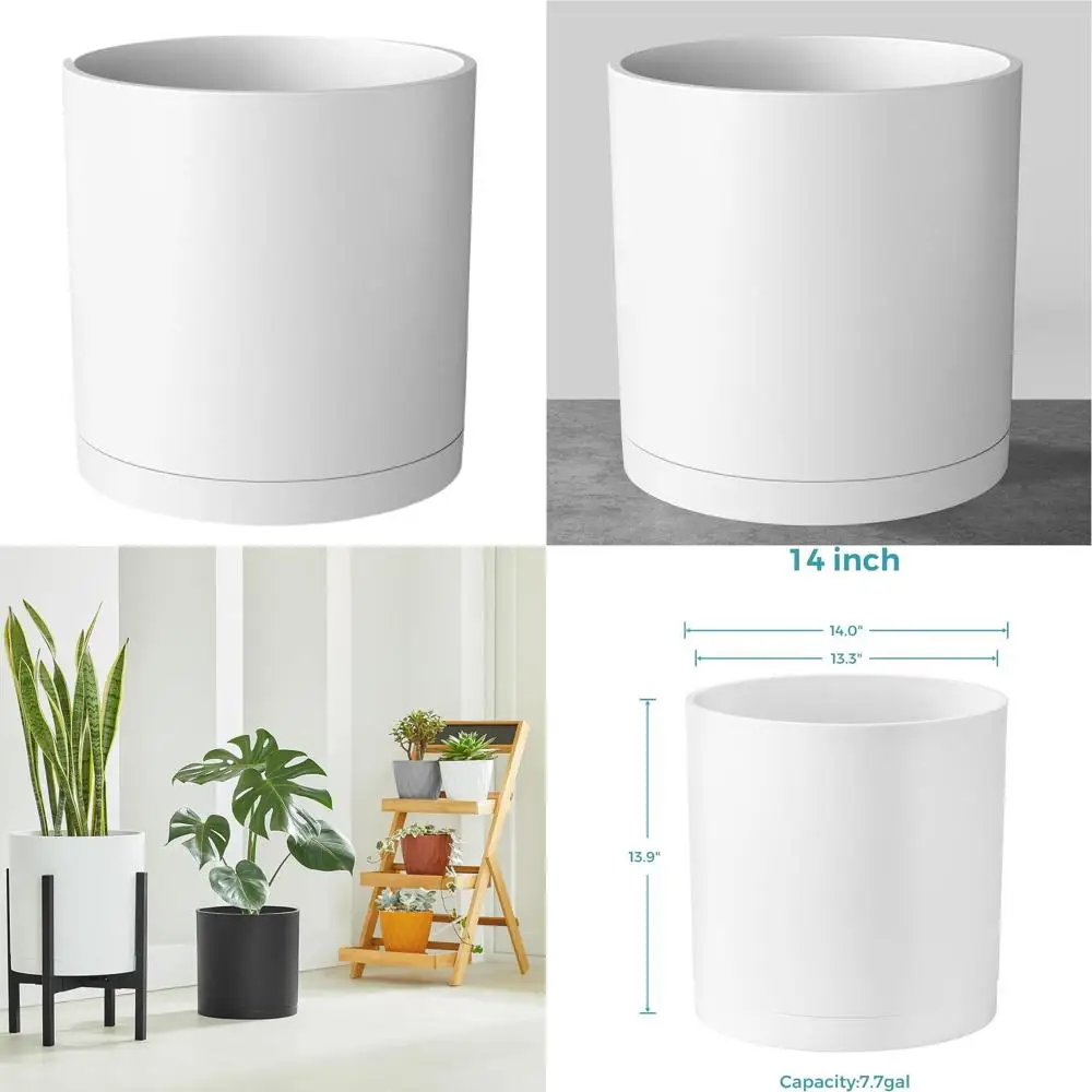

14-дюймовое большое цилиндрическое кашпо с толстыми стенками, дренажными отверстиями и съемным поддоном, матовый белый цвет, подходит для использования в помещении и на улице.