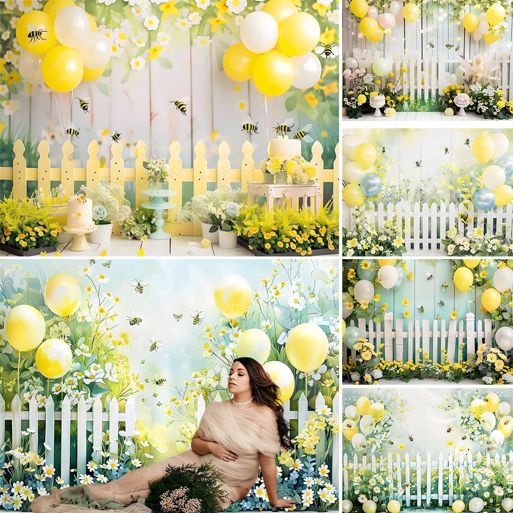 

Birthday Party Photography Background Sweet Bee Baby Show Balloon Wooden Board Backdrop Flower Decoration Garden Photo Booth