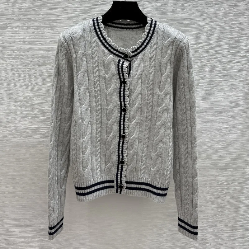 

Высококачественный женский кардиган в полоску в стиле пэчворк с волнистым воротником и спиральным узором 251111187